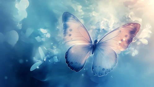 Luminous butterfly drifts through dreamy blue haze of light.