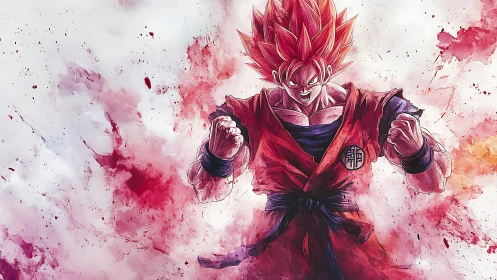 Fiery red-haired anime warrior surging through ink splashes.