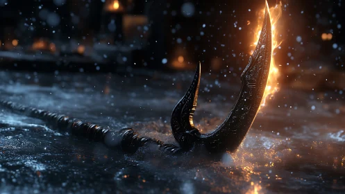 Flaming ornate war spear embedded in icy battlefield surface