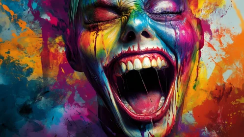 Screaming face erupts in chaotic neon paint explosion.