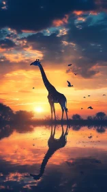 Digital painting of giraffe silhouette in mirrored sunset wetland.