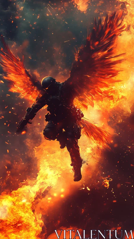 Armored figure with flaming wings descending through fire.