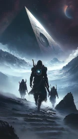 Digital painting of astral pilgrims approaching monolithic pyramid.