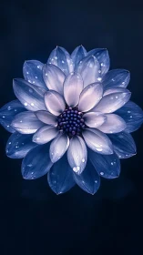 Blue Dahlia with Dewdrops Against Dark Background.