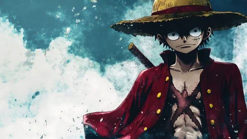 Determined straw hat pirate standing against crashing waves.