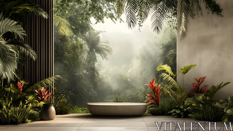 Biophilic open-air bath with tropical courtyard immersion.