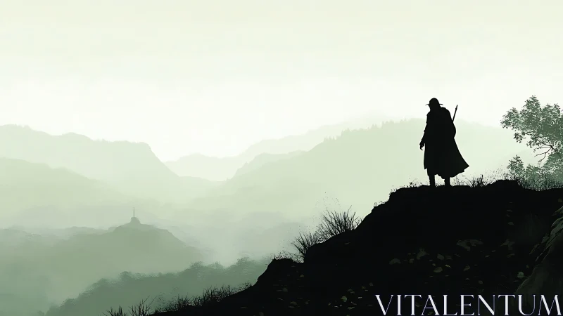 Lone wanderer surveys misty green mountain valley ridge.