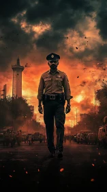 Parametric low-angle portrait of police officer in infernal dusk.