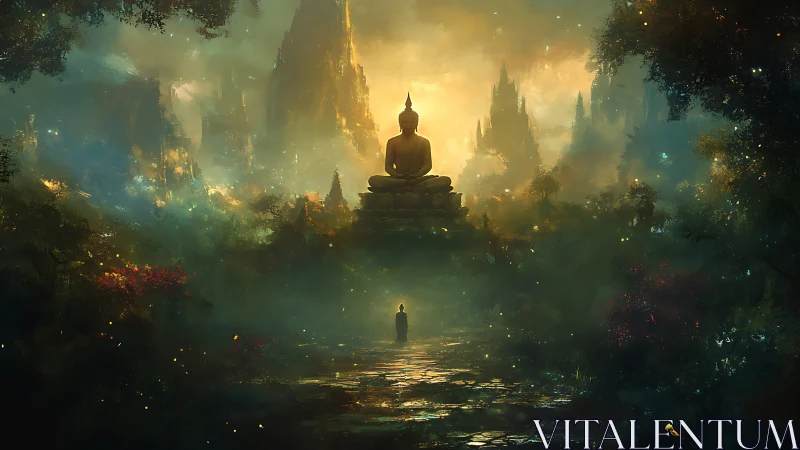 Golden Buddha temple crowns misty forest valley at dawn.