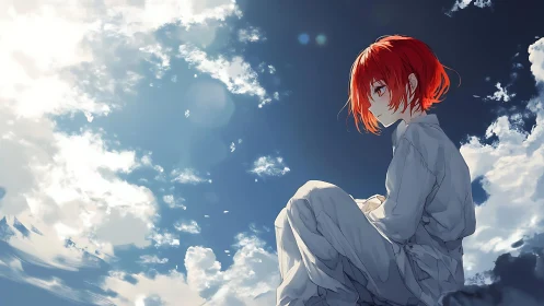 Quiet red haired dreamer sits gently beneath a wide sky