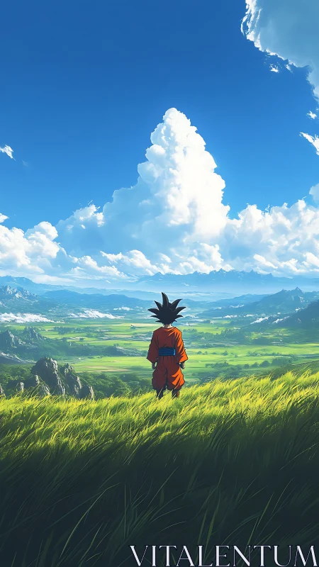 Anime landscape study with heroic figure and cumulus tower.