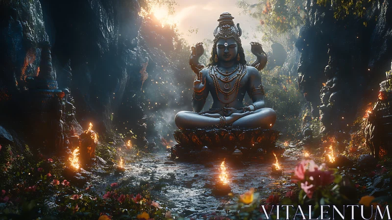 3D-rendered Shiva sanctuary with atmospheric ritual lighting.