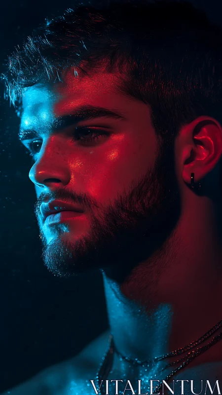 Male portrait under red and blue split studio lighting