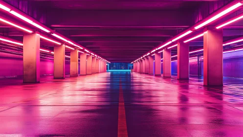 Neon parking garage glows with strong magenta corridor light