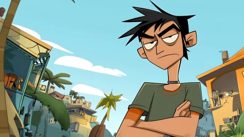 Animated youth stands in stylized urban neighborhood scene