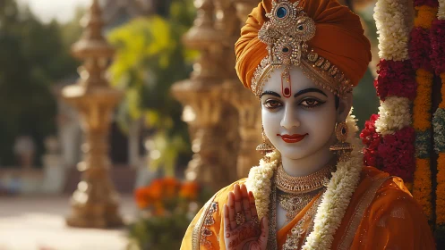 Serene saffron deity smiles beneath sunlit temple blooms.