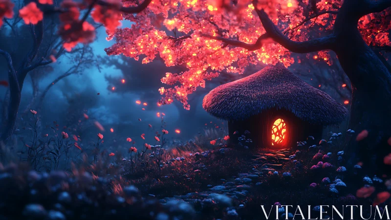 Enchanted forest hut under glowing cherry blossom canopy.