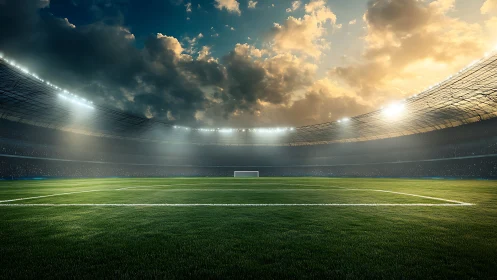 Sunlit soccer stadium waiting for the next big kickoff.