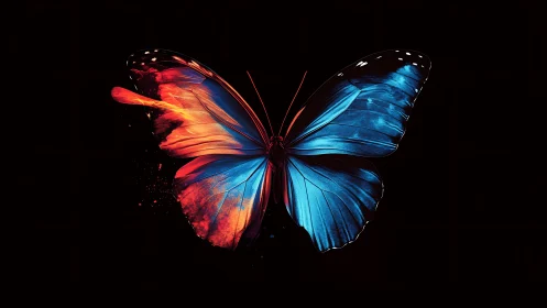 Bicolor butterfly rendered with asymmetric neon pigment dispersion effects