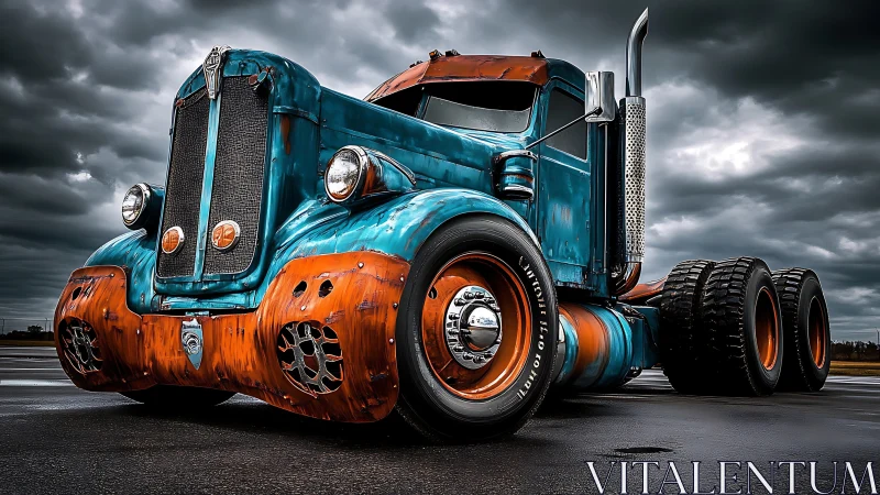 Weathered teal–orange semi truck under turbulent storm sky.