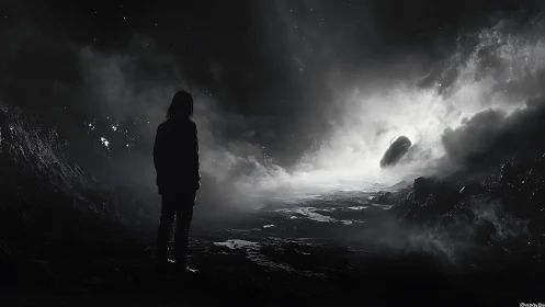 Silhouetted figure observing distant glowing object in void.