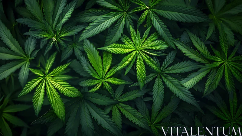 Cannabis plant foliage with radial leaf patterns in shade.