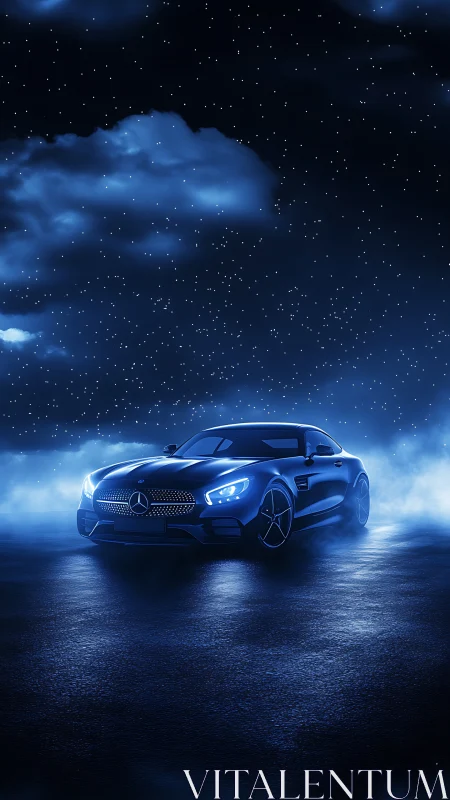 Luxury sports car glows beneath a misty, star-filled sky.