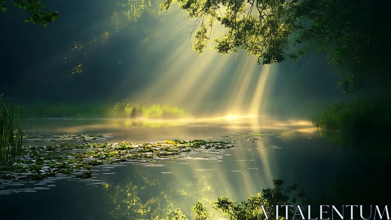Serene forest pond illuminated by morning sunlight in a dreamy style.