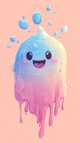 Smiling pastel liquid character with floating droplets.
