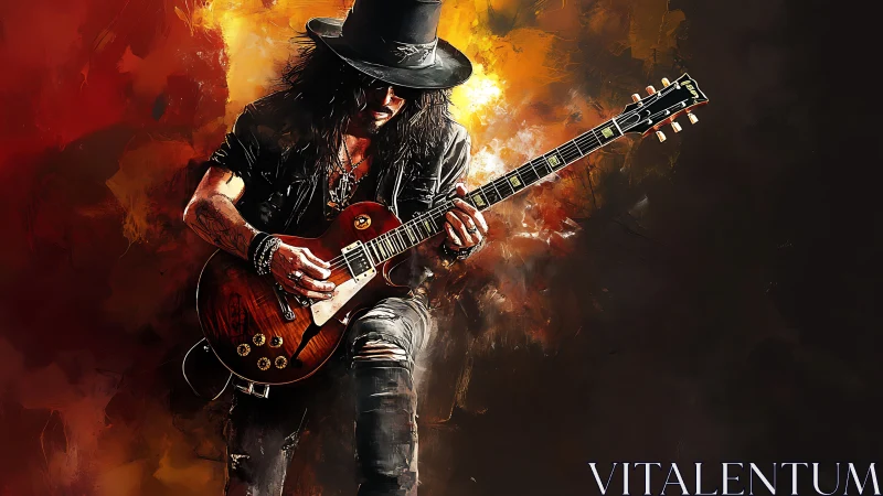 Rock guitarist shreds electric solo in fiery light burst.