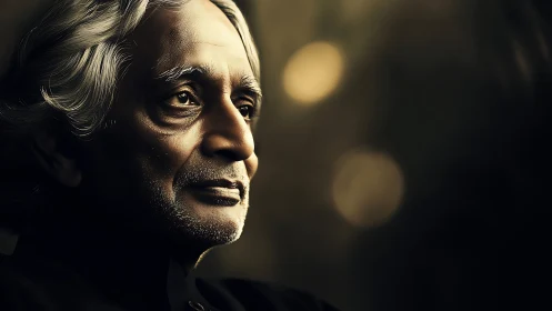 Photorealistic low-key portrait of elderly man in profile lighting.