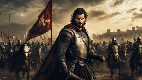 Armored warlord leads mounted medieval army toward siege lines