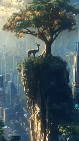 Solitary stag guards a lone tree above futuristic cityscape.