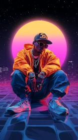 Neon hip hop portrait under glowing retro sunset orb.