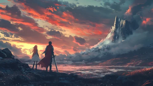Sunset-bound travelers beneath a towering ember sky.