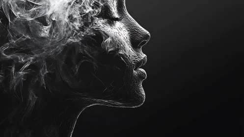 Ethereal smoke-formed profile dissolves into darkness.