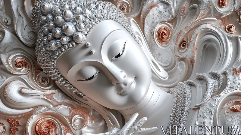 Silver reclining Buddha portrait in ornate fractal swirls