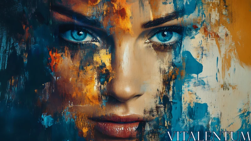 Intense blue-eyed portrait merges with abstract paint strokes.