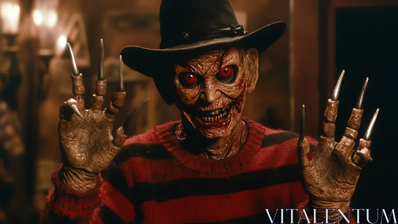 Grotesque clawed monster in striped sweater under warm low light