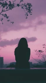 Silhouetted woman contemplates city skyline at pink dusk.