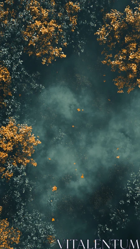 Golden Leaves Dance Through Teal Mist