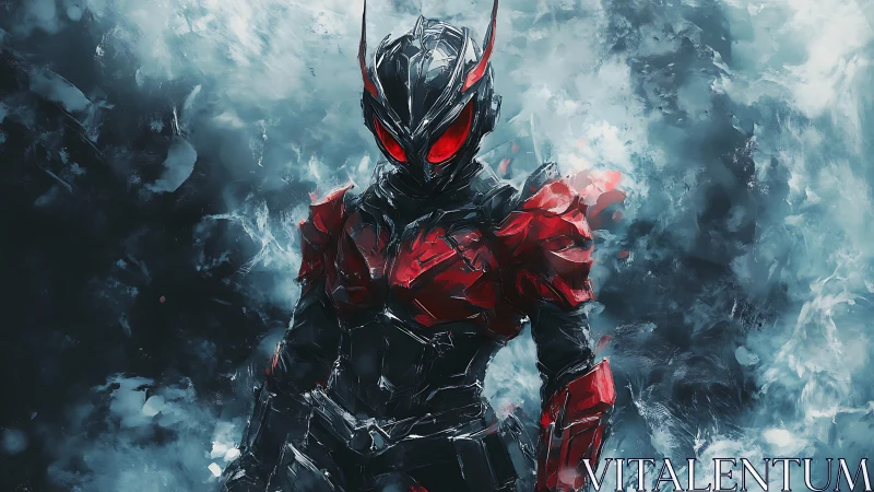 Armored cybernetic warrior with red visor in icy particle storm