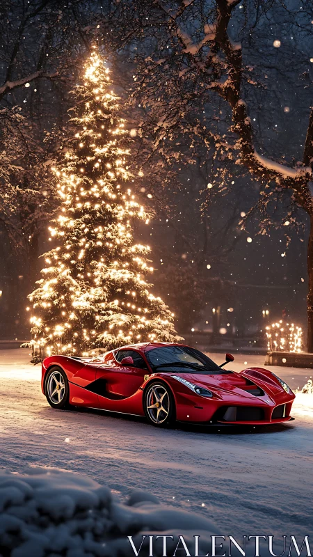 Crimson supercar pauses by a glowing winter tree.