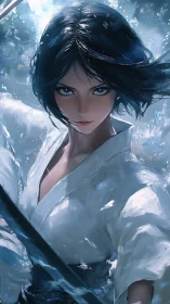 Kinetic swordswoman in aqueous combat-focused anime portrait.