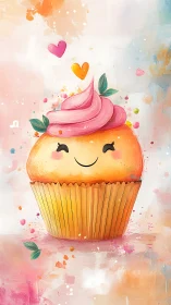 Whimsical Happy Cupcake with Pink Frosting and Floating Hearts