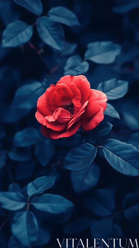 Radiant Red Rose Blooms Against Deep Blue Garden Foliage