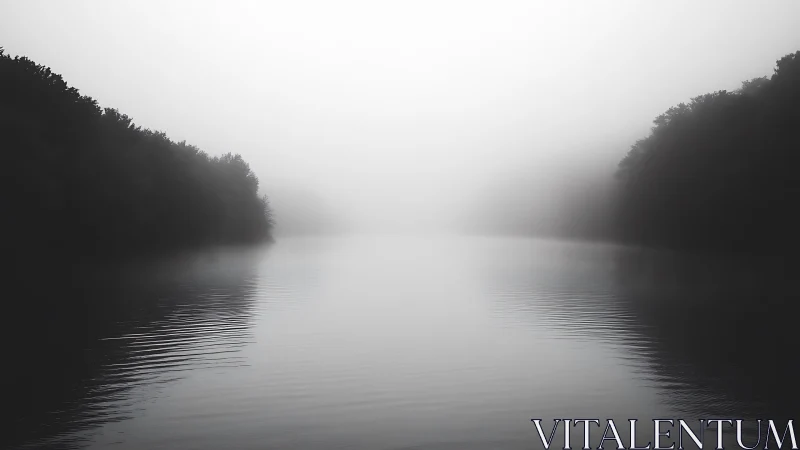 Foggy river corridor dissolves into soft tonal distance