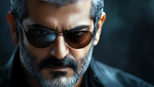 Intense silver-bearded man in reflective aviator sunglasses.