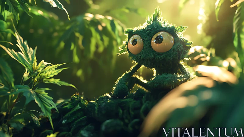 Moss creature with oversized eyes in luminous jungle glade.