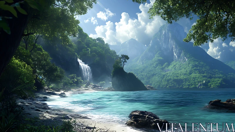 Tropical Fjord Landscape with Cascading Waterfall and Vertical Cliff Formation.